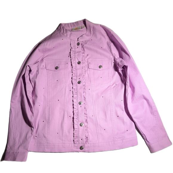 Vtg Y2K Quacker Factory Lilac Pink Stone Embellished Ruffle Denim Jacket Sz S - Picture 1 of 5